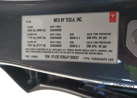 2018 Tesla Model 3 Long Range/Performance из США, поврежденный, VIN 5YJ3E1EB6JF105837